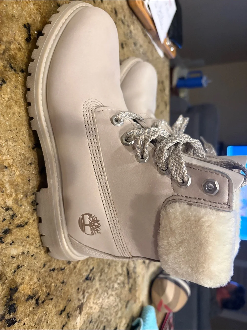 Timberland Women's Beige Lace-Up Winter Boots with Faux Fur Collar